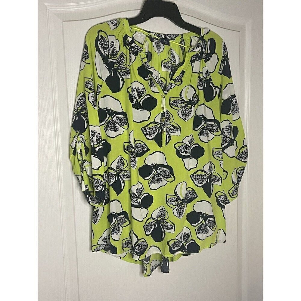Kaari Blue Womens Blouse 1X Neon Green Floral Popover Top Henley Tie Sleeve
